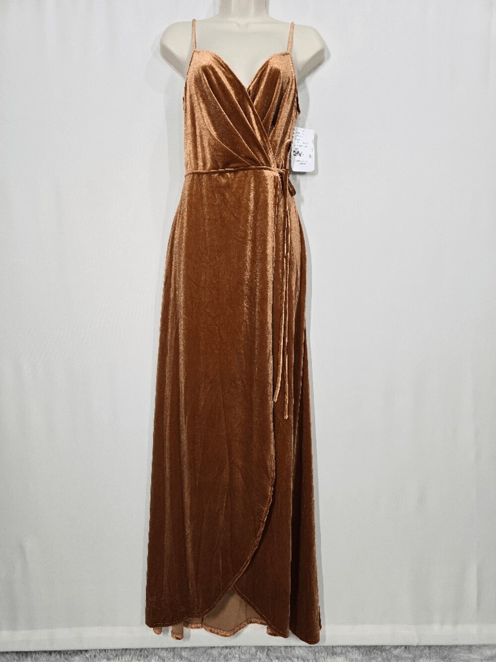 AFTER SIX STYLE 1536 GOLDEN ALMOND LUX VELVET WRAP MAXI DRESS POCKETS Sz S
